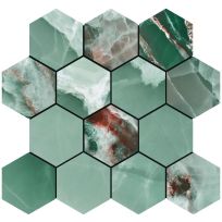 Mozaiek tegels Onyx Turquoise polished mozaiek hexagon op net van 29x27cm 9 mm dik